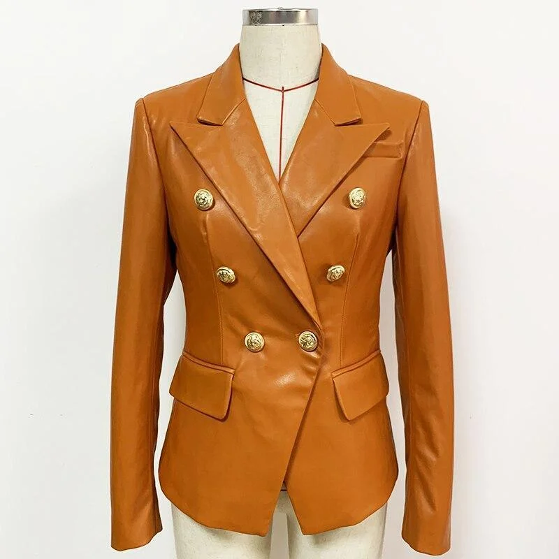 Orange Leather Blazer Women - Formal-Business - Plain-Solid