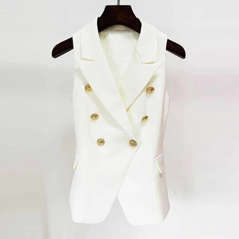 Womens White Sleeveless Button Collar Coat V Neck Button Down Top Jacket