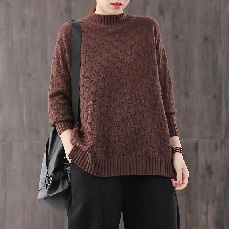 Oversized chocolate knit blouse fall fashion knit sweat tops Women yellow khit top silhouette plus size sweaters high neck