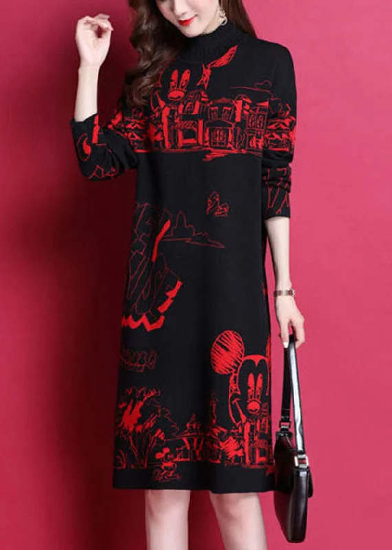 Red Print Thick Knit Long Sweater Dress High Neck Long Sleeve