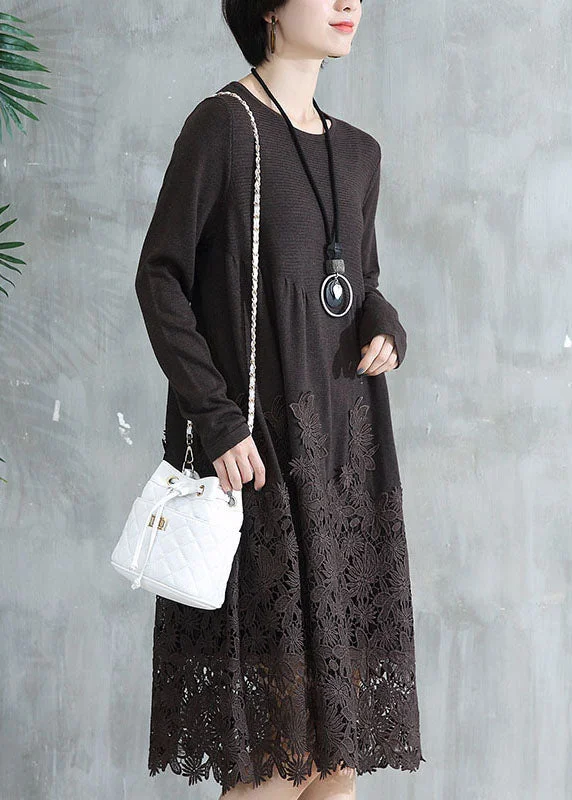 Women Coffee O Neck Wrinkled Lace Patchwork Knit Dress Fall