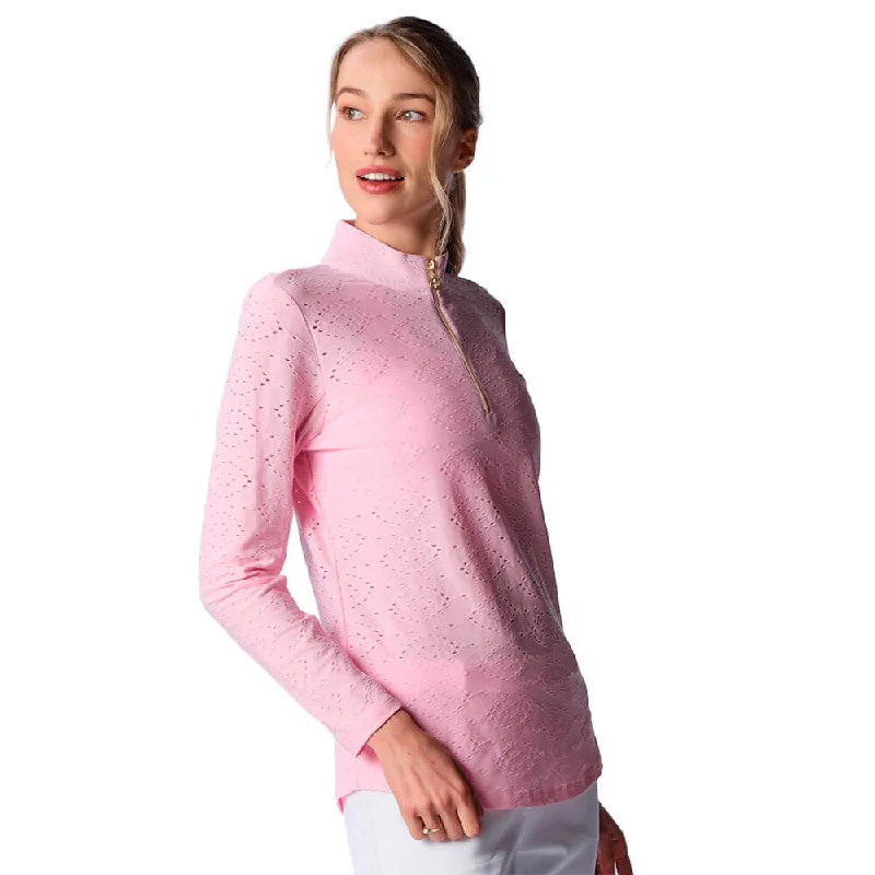 G Lifestyle Long Sleeve Print Zip Mock Neck Top - Pink Eyelet