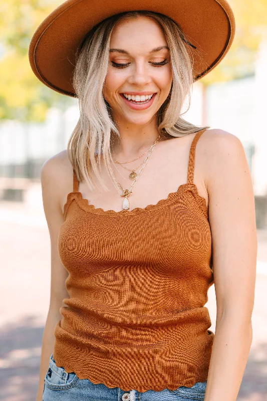 On My Way Out Camel Brown Scalloped Tank