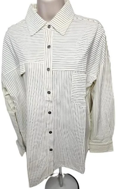 Shirt 1 Pocket Long Sleeve Ivory/Black Striped Women's 1182bivbk